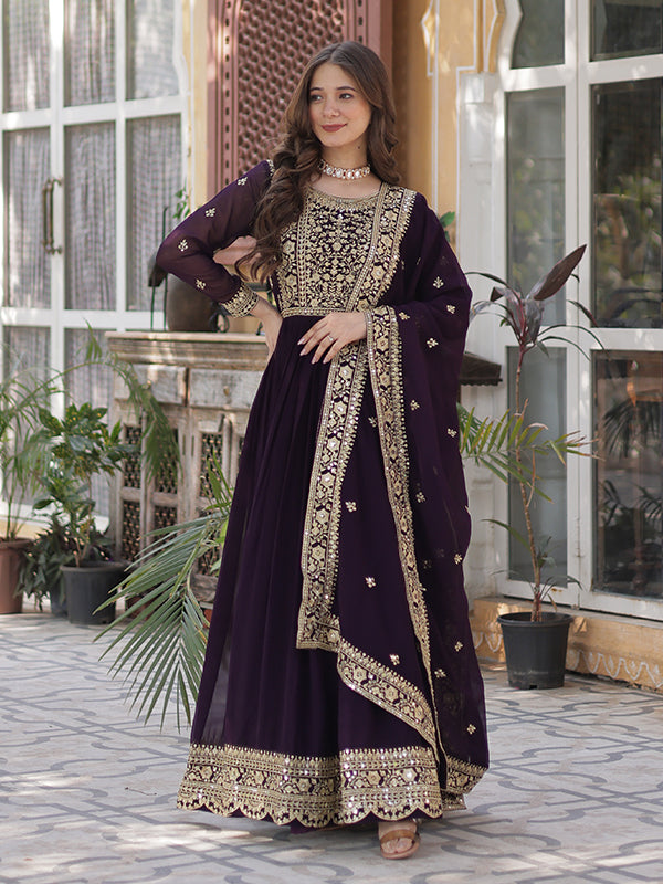 Wine Faux Blooming Sequins Embroidered Gown With Dupatta