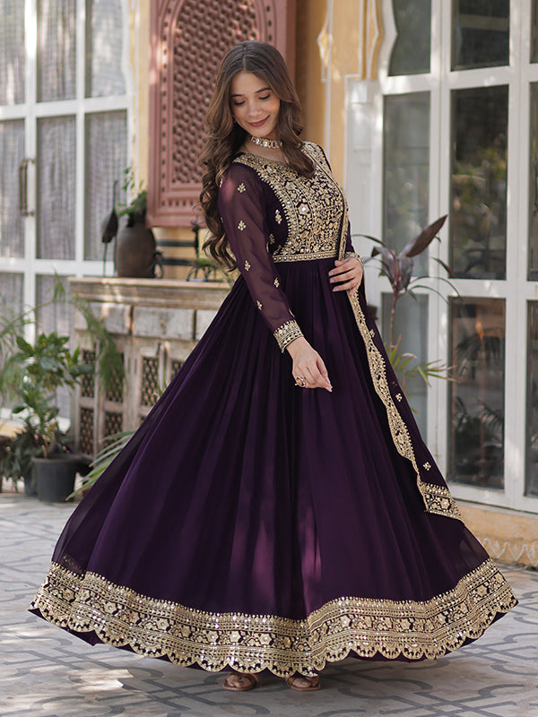 Wine Faux Blooming Sequins Embroidered Gown With Dupatta
