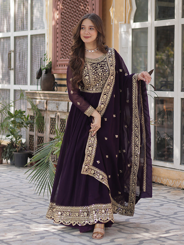 Wine Faux Blooming Sequins Embroidered Gown With Dupatta