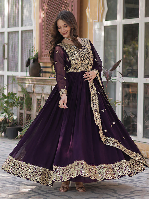 Wine Faux Blooming Sequins Embroidered Gown With Dupatta