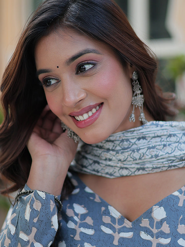 Grey Floral Printed Cotton Gown With Pant & Dupatta Set