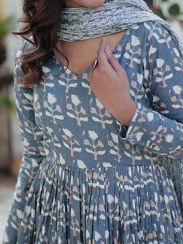 Grey Floral Printed Cotton Gown With Pant & Dupatta Set