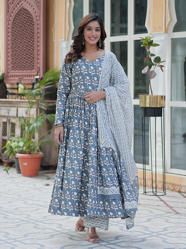 Grey Floral Printed Cotton Gown With Pant & Dupatta Set