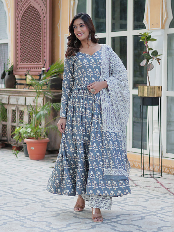 Grey Floral Printed Cotton Gown With Pant & Dupatta Set