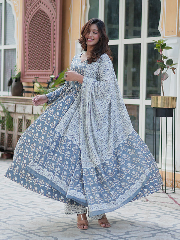 Grey Floral Printed Cotton Gown With Pant & Dupatta Set