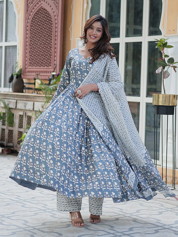 Grey Floral Printed Cotton Gown With Pant & Dupatta Set