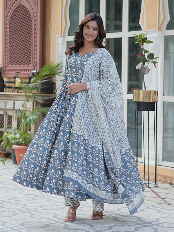 Grey Floral Printed Cotton Gown With Pant & Dupatta Set