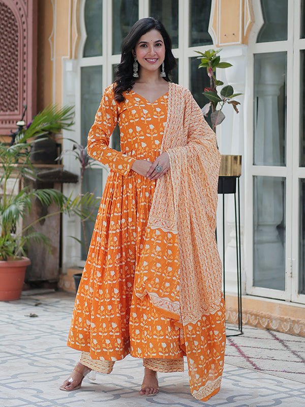 Orange Floral Printed Cotton Gown With Pant & Dupatta Set