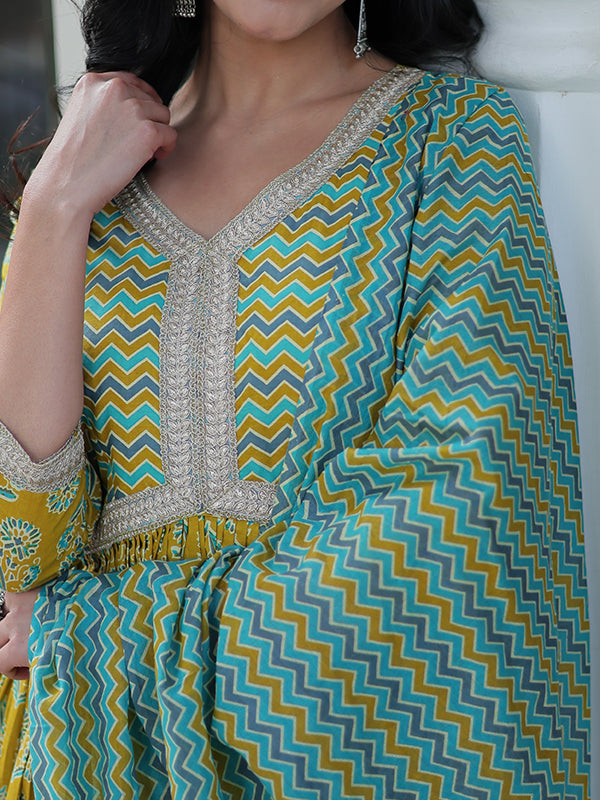 Parrot Floral Printed Cotton Gown With Pant & Dupatta Set