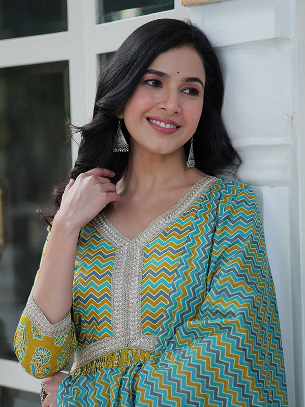 Parrot Floral Printed Cotton Gown With Pant & Dupatta Set