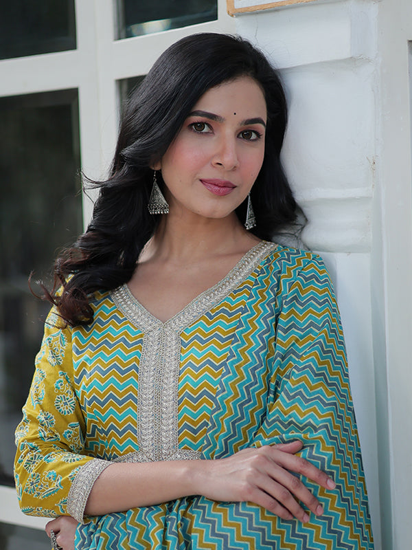 Parrot Floral Printed Cotton Gown With Pant & Dupatta Set