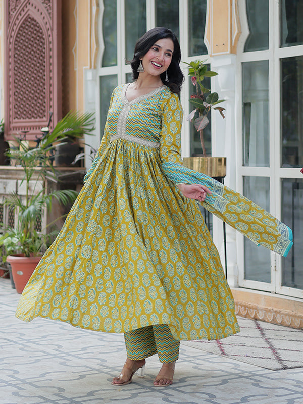 Parrot Floral Printed Cotton Gown With Pant & Dupatta Set