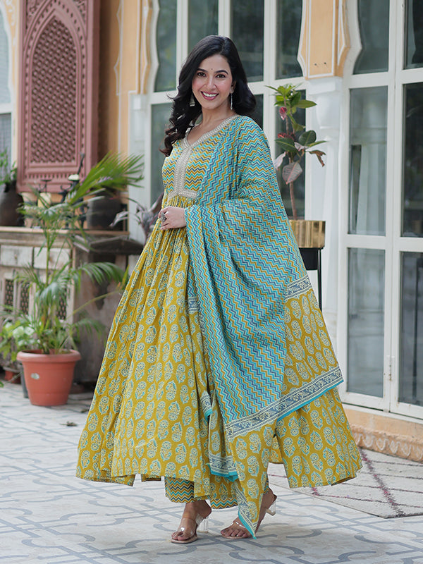 Parrot Floral Printed Cotton Gown With Pant & Dupatta Set