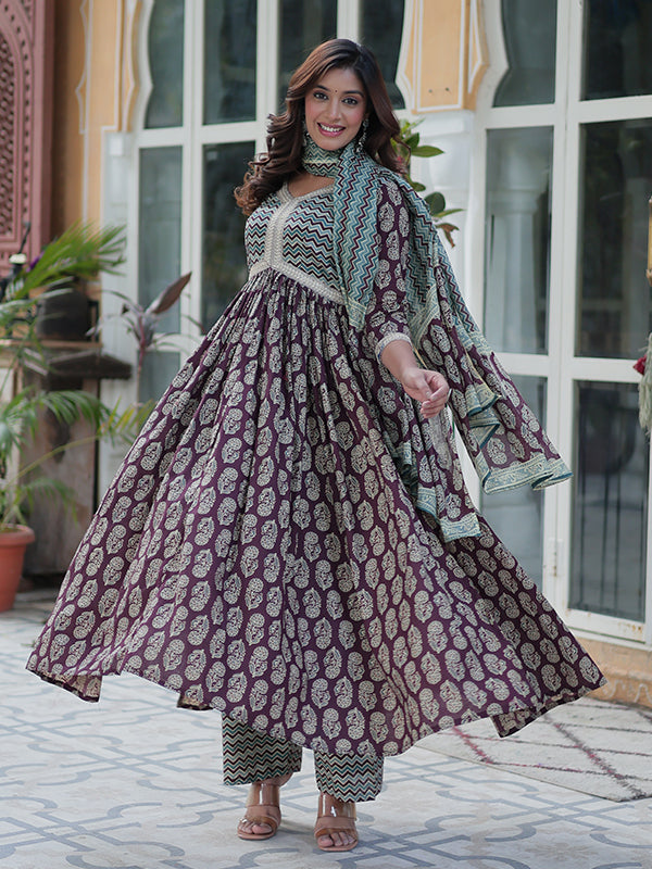 Wine Floral Printed Cotton Gown With Pant & Dupatta Set