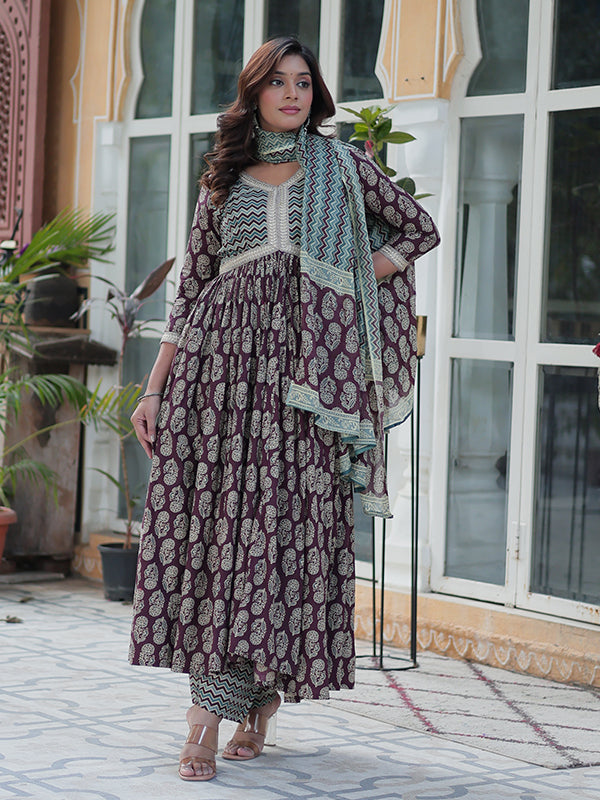 Wine Floral Printed Cotton Gown With Pant & Dupatta Set