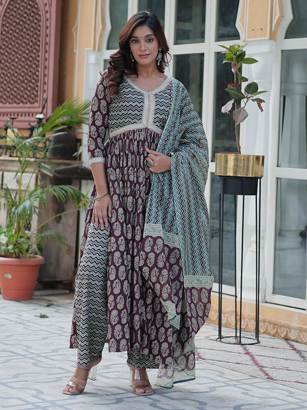 Wine Floral Printed Cotton Gown With Pant & Dupatta Set