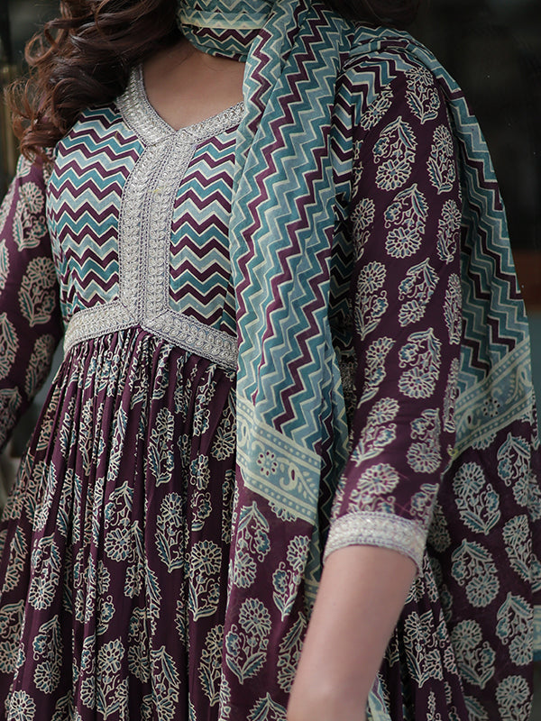 Wine Floral Printed Cotton Gown With Pant & Dupatta Set