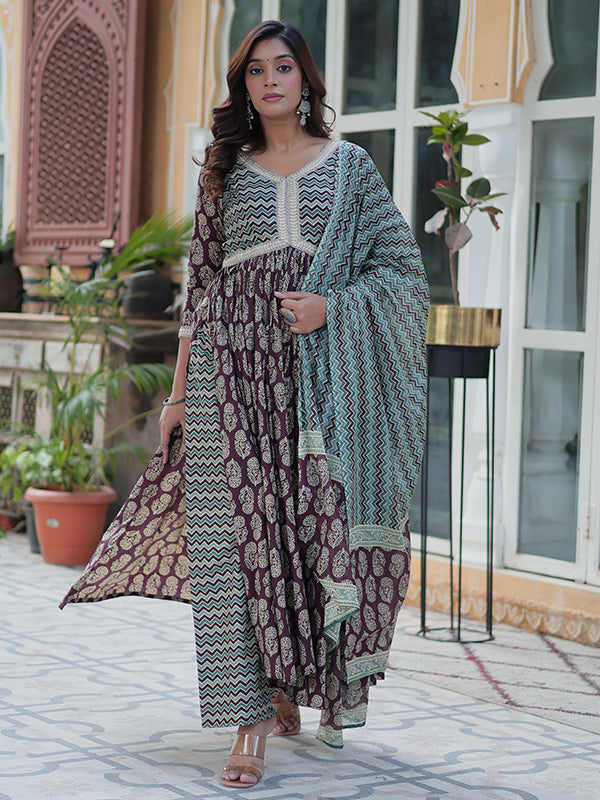 Wine Floral Printed Cotton Gown With Pant & Dupatta Set