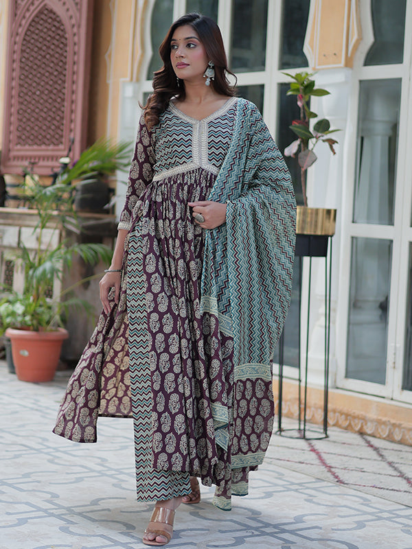 Wine Floral Printed Cotton Gown With Pant & Dupatta Set