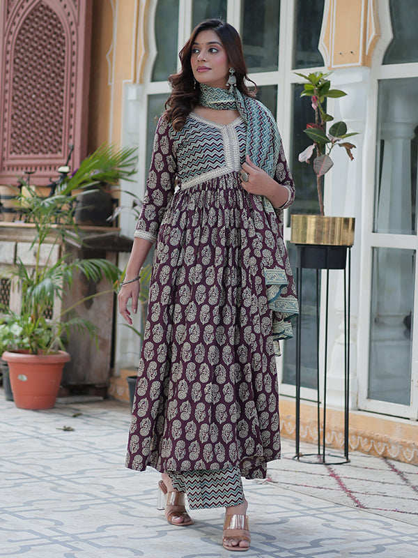 Wine Floral Printed Cotton Gown With Pant & Dupatta Set