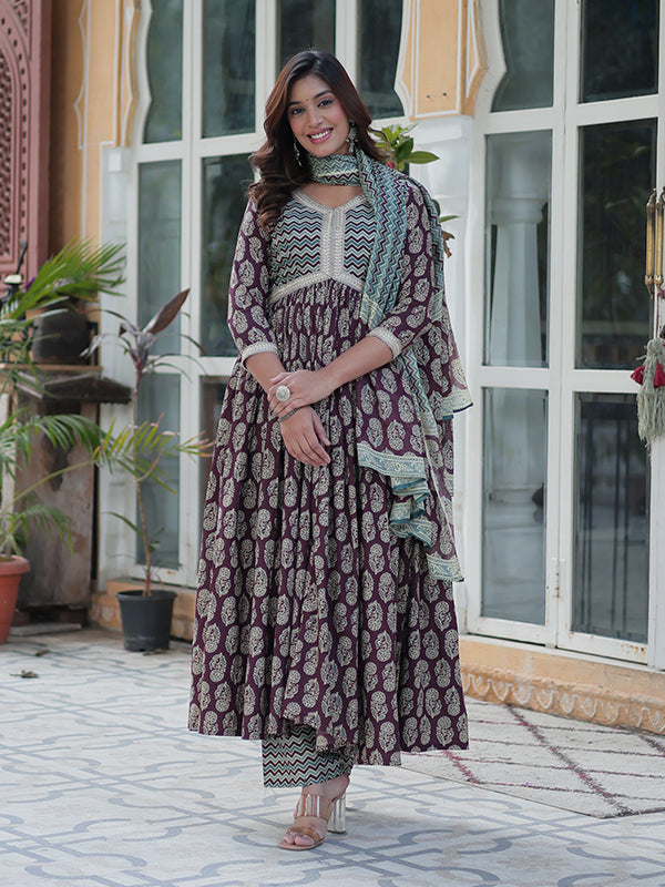 Wine Floral Printed Cotton Gown With Pant & Dupatta Set