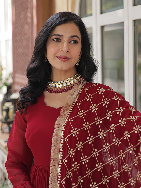 Maroon Faux Blooming Sequins Embroidered Gown With Dupatta