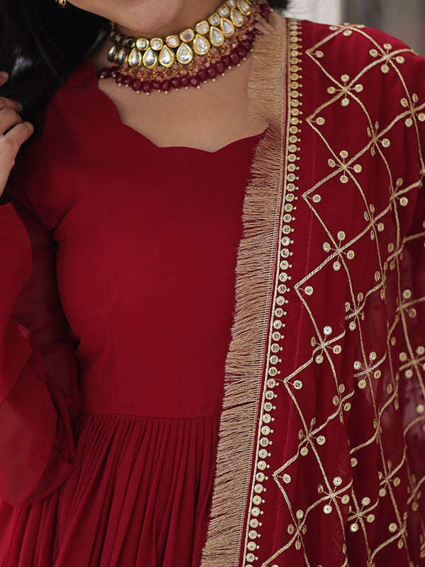 Maroon Faux Blooming Sequins Embroidered Gown With Dupatta