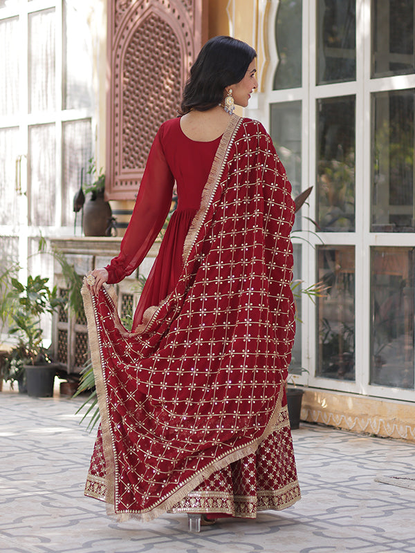 Maroon Faux Blooming Sequins Embroidered Gown With Dupatta