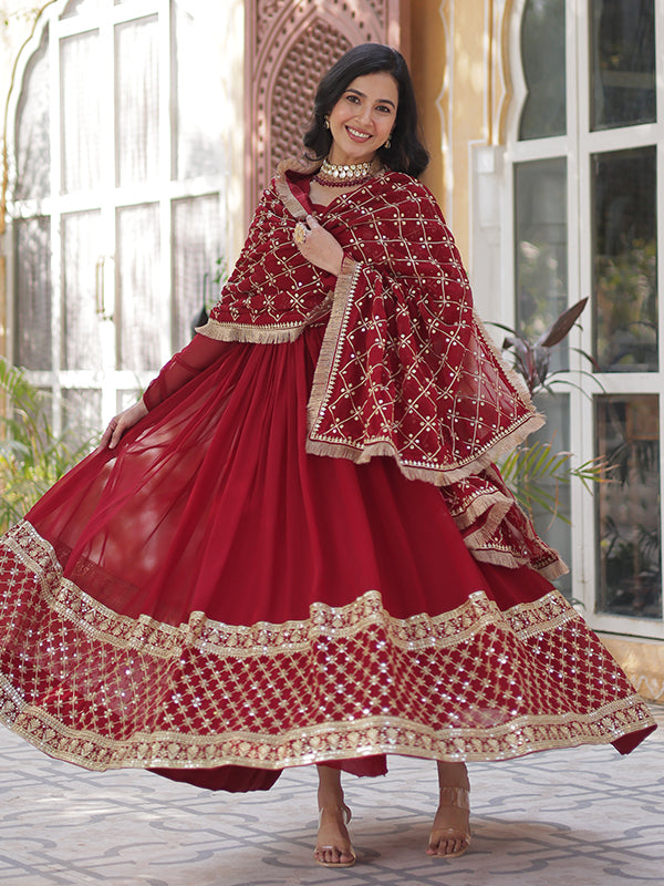 Maroon Faux Blooming Sequins Embroidered Gown With Dupatta