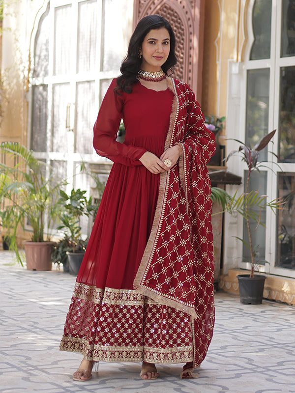 Maroon Faux Blooming Sequins Embroidered Gown With Dupatta