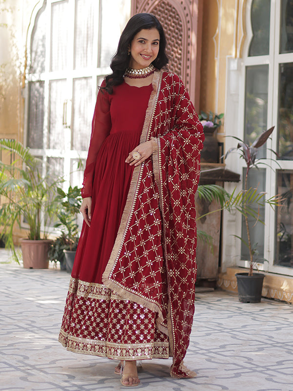 Maroon Faux Blooming Sequins Embroidered Gown With Dupatta