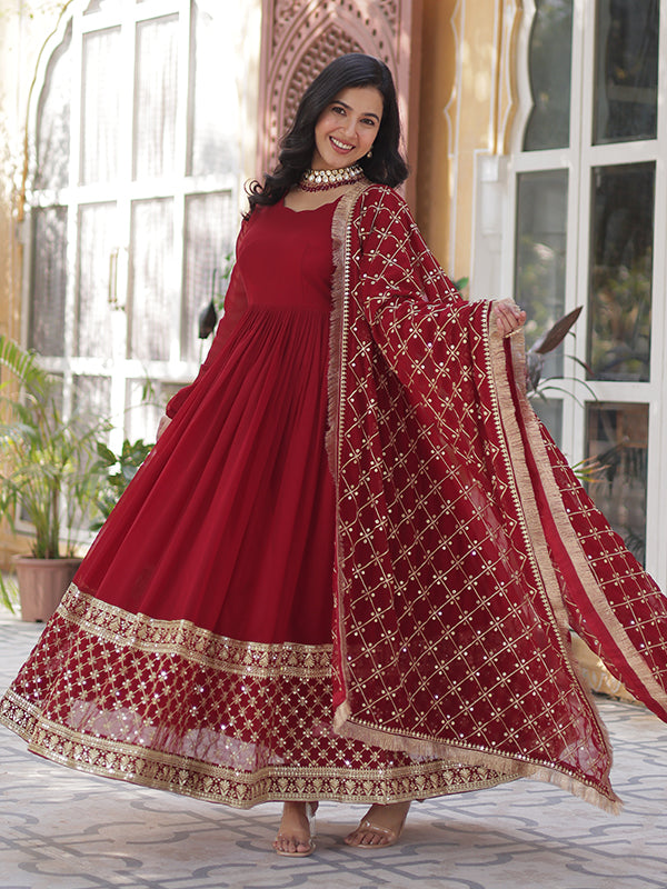 Maroon Faux Blooming Sequins Embroidered Gown With Dupatta