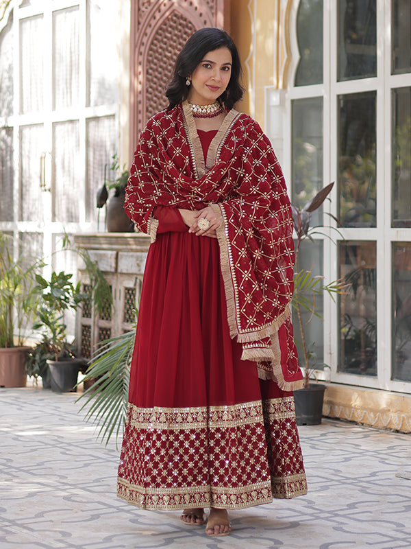 Maroon Faux Blooming Sequins Embroidered Gown With Dupatta
