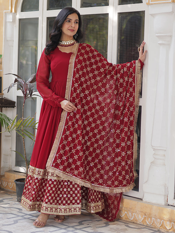 Maroon Faux Blooming Sequins Embroidered Gown With Dupatta