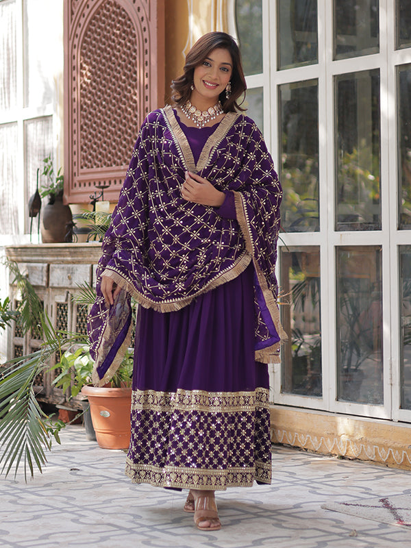 Purple Faux Blooming Sequins Embroidered Gown With Dupatta