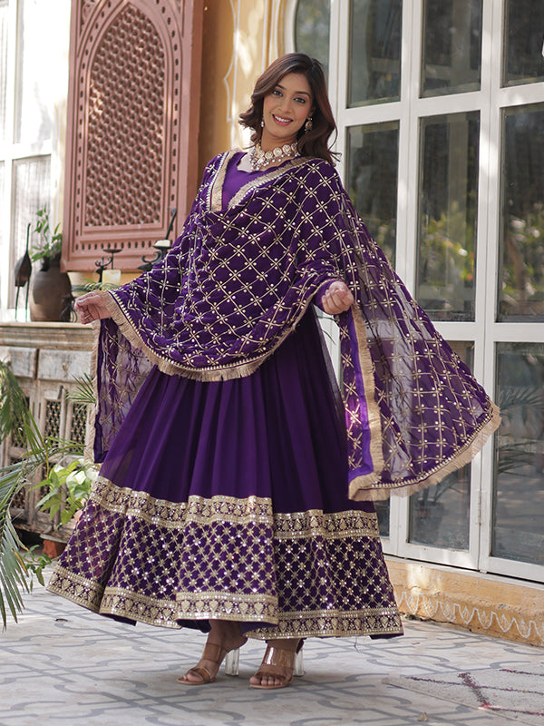 Purple Faux Blooming Sequins Embroidered Gown With Dupatta