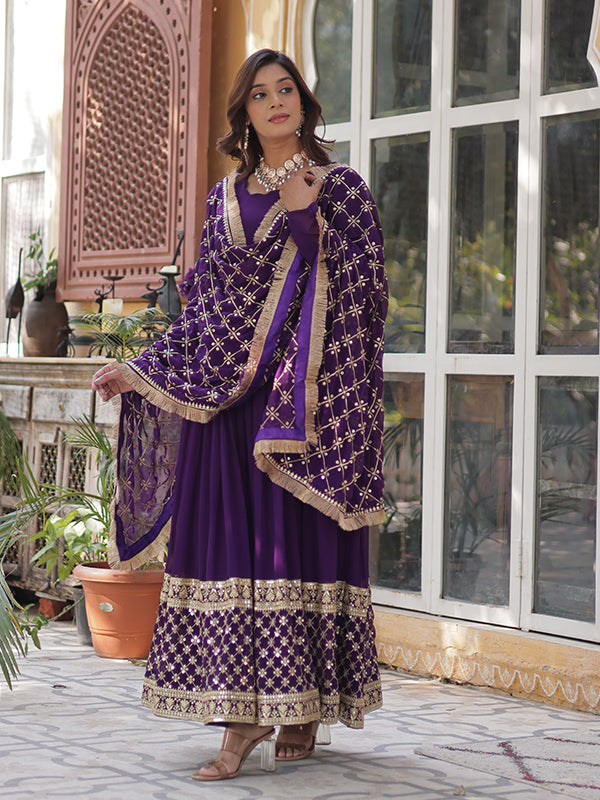 Purple Faux Blooming Sequins Embroidered Gown With Dupatta