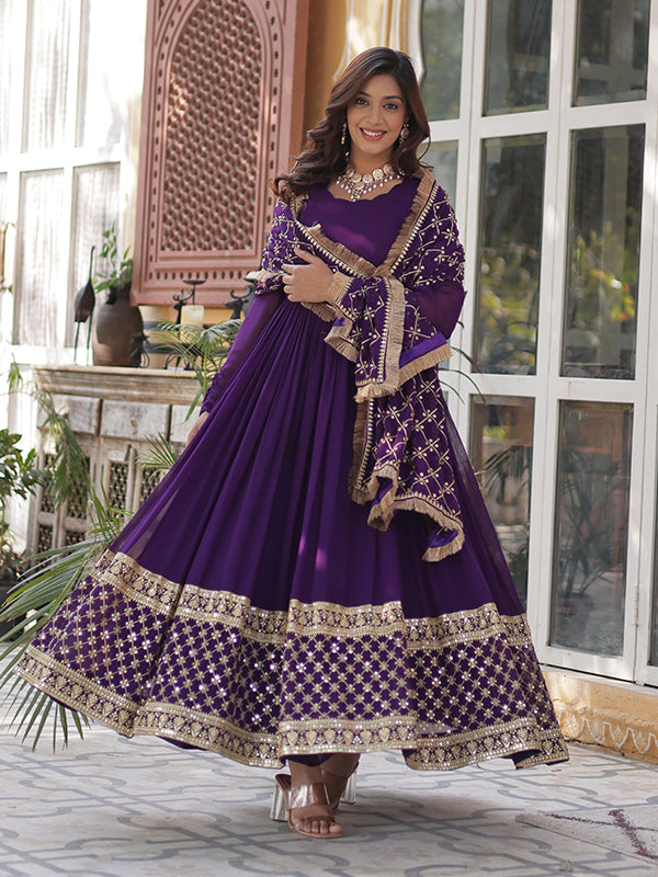Purple Faux Blooming Sequins Embroidered Gown With Dupatta