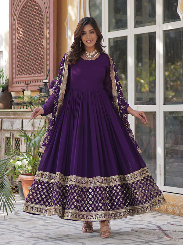 Purple Faux Blooming Sequins Embroidered Gown With Dupatta