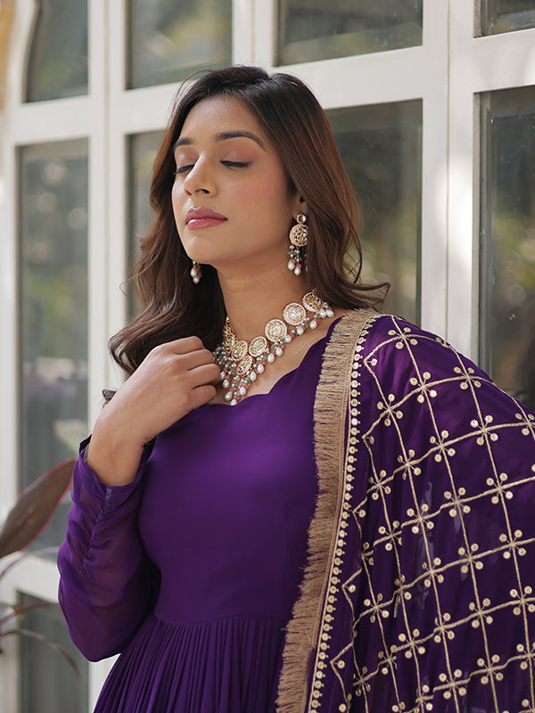 Purple Faux Blooming Sequins Embroidered Gown With Dupatta