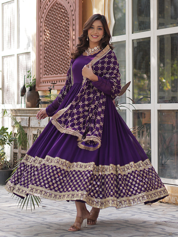 Purple Faux Blooming Sequins Embroidered Gown With Dupatta