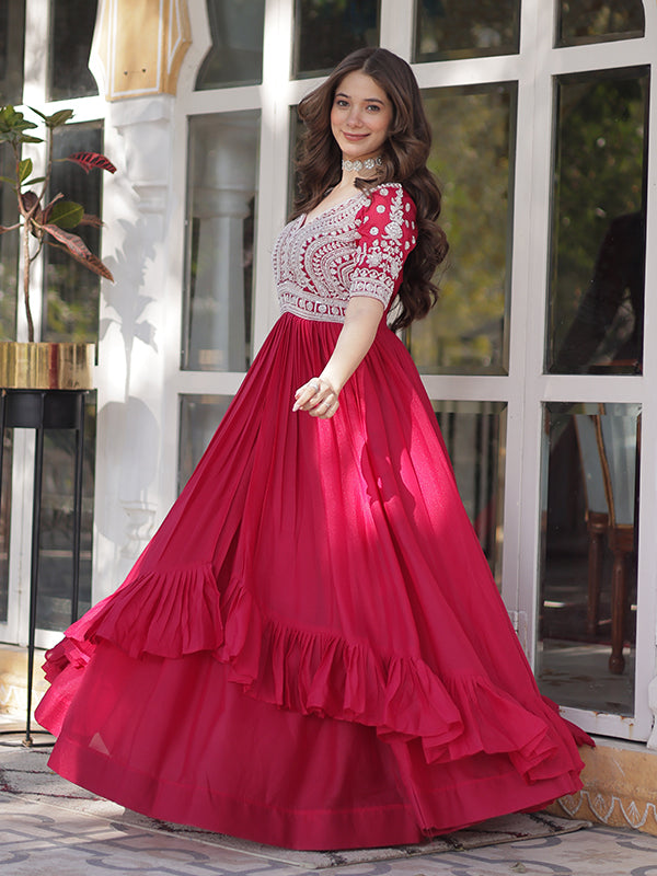 Pink Georgette With Beads Embroidered Work Gown