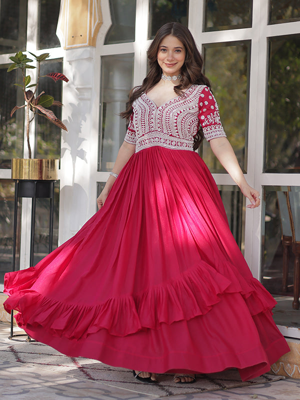 Pink Georgette With Beads Embroidered Work Gown