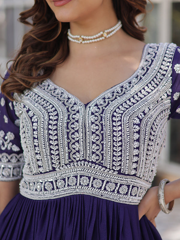 Purple Georgette With Beads Embroidered Work Gown