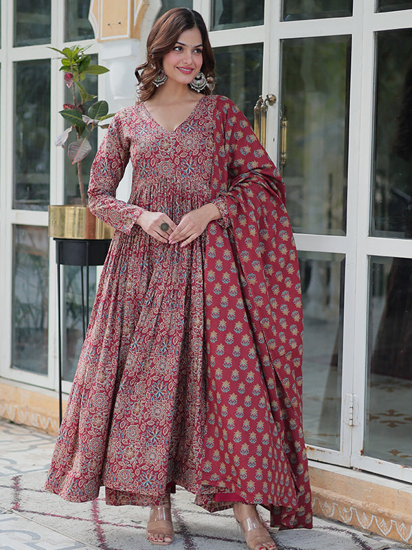 Maroon Floral Printed Cotton Gown With Pant & Dupatta Set