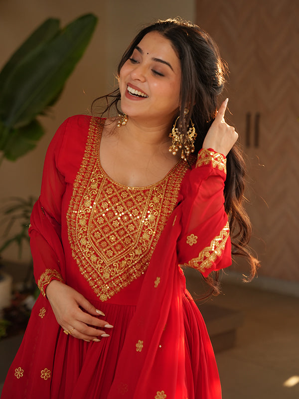 Red Faux Blooming Sequins Embroidered Gown With Dupatta