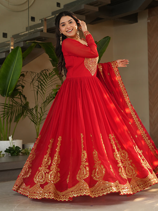 Red Faux Blooming Sequins Embroidered Gown With Dupatta