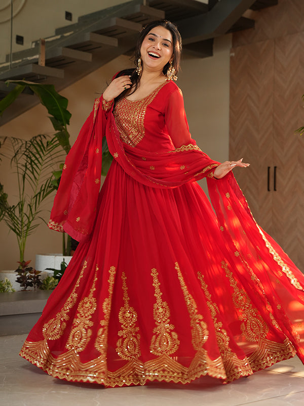 Red Faux Blooming Sequins Embroidered Gown With Dupatta