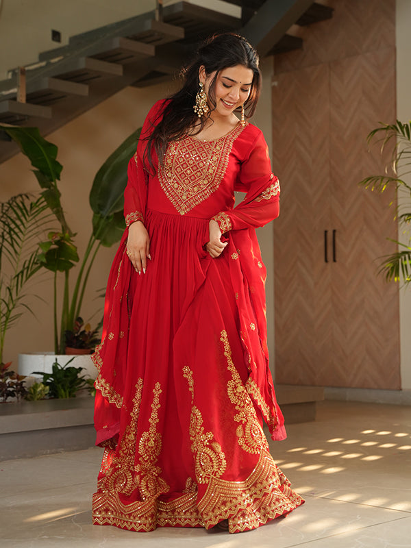 Red Faux Blooming Sequins Embroidered Gown With Dupatta