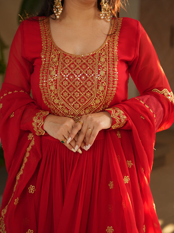 Red Faux Blooming Sequins Embroidered Gown With Dupatta